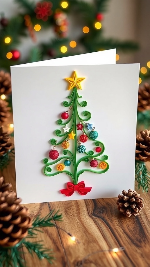 A quilled Christmas card with a tree design, colorful ornaments, and a star, set on a festive table.